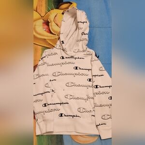 Champion White Hoodie with Black Script Design